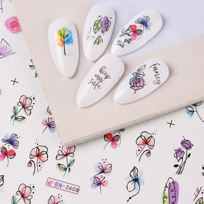 Water Transfer Nail Decals, BN2605-2616 Nail Art Slider Stickers for DIY Manicure Decoration, At-Home Styling and Seasonal Nail Design Ideas