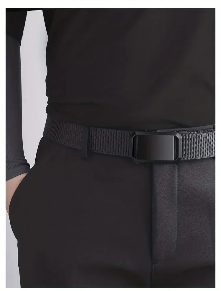 Men's Canvas Belt with Automatic Buckle, 120cm Tactical-Style Pants Belt in Gray, Black, Light Brown or Green for Casual Outfits and Everyday Workwear