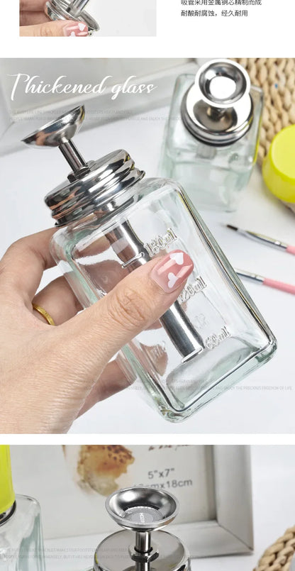 Glass Nail Liquid Pump Bottle 180ml, Empty Press-Top Dispenser for Compatible Manicure Cleansing Liquids and Nail Polish Remover at Home or Salon Stations