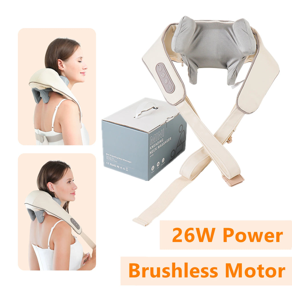 Rechargeable Neck and Shoulder Massage Shawl with Listed Two Modes, Adjustable Straps and Back Buckle, 20W or 26W Kneading Models in White, Grey and Brown Options