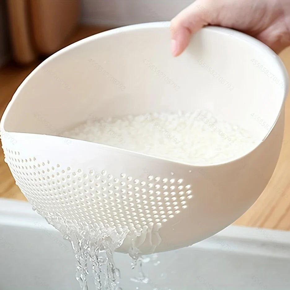 Rice Rinsing Basket in White, Single Oval Kitchen Drainage Sieve with Side Perforation Reference for Washing Rice and Compatible Fruit or Vegetable Preparation