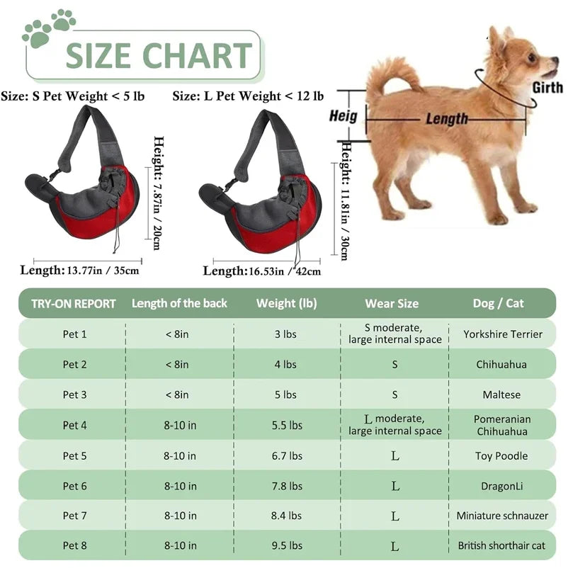 Pet Carrier Sling for Small Dogs and Cats, Mesh Single-Shoulder Carry Bag in S or L with Listed 6.6lb or 13.22lb Limits, Eleven Color Choices, Hand Wash Only