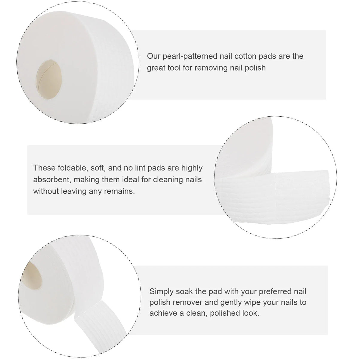 Pearl Pattern Nail Cotton Pad Roll in White with Soft Foldable and Absorbent Fabric References for Compatible Polish Removal and Home Salon Manicure Prep