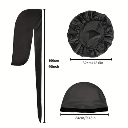 Durag Bonnet and Dome Cap Set, Listed Three-Piece Solid-Color Satin Headwear with Elastic Night Cap Reference for Adult Hair Wrap Routines and Casual Styling