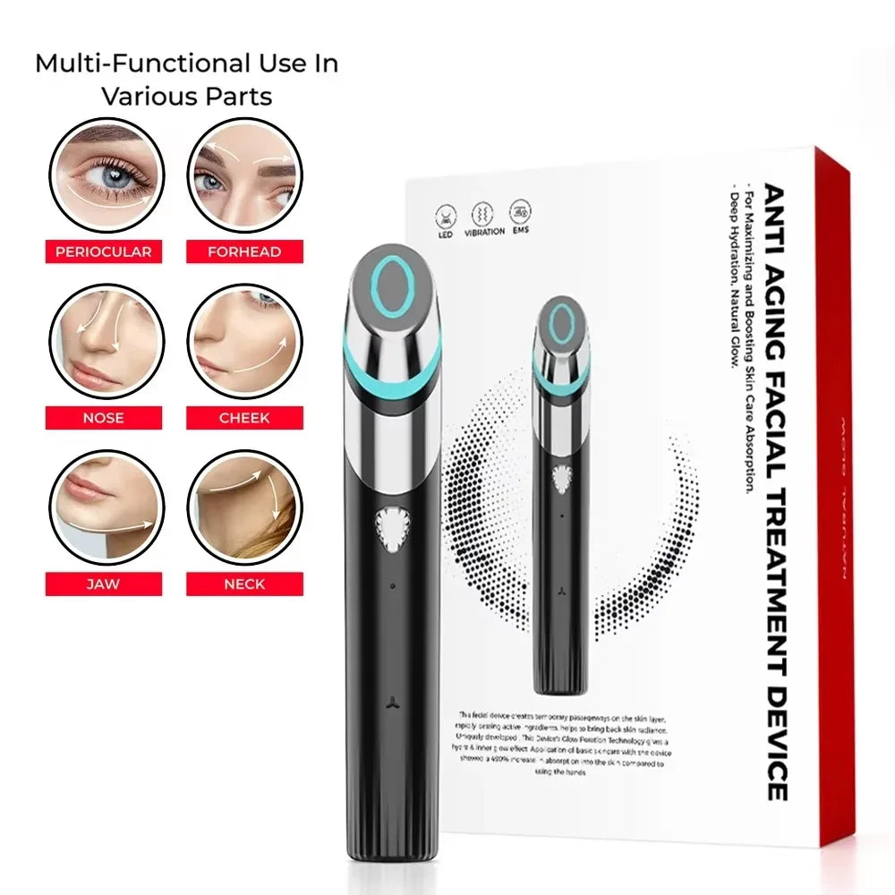 Touch-Activated Facial Care Wand with Rotating T-Bar Head, Black Rechargeable Beauty Tool with Listed Red Light, Warmth, Vibration and Microcurrent Functions
