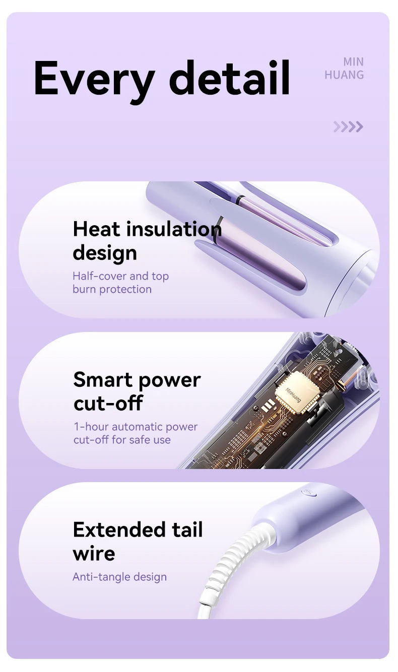 32mm Automatic Curling Iron with Four Listed Heat Settings, PTC Heating and Ceramic Wand Reference in Pink, Purple or Beige with Plug and Box Options