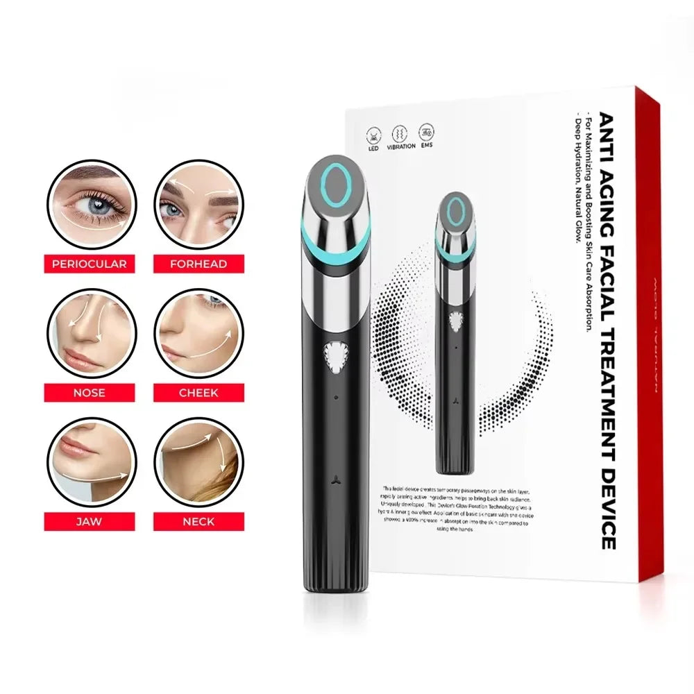 Touch-Activated Facial Care Wand with Rotating T-Bar Head, Black Rechargeable Beauty Tool with Listed Red Light, Warmth, Vibration and Microcurrent Functions