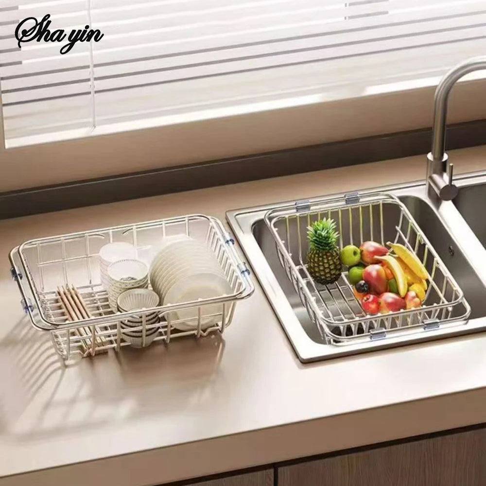 Telescopic Sink Drain Basket, Stainless Steel Expandable Dish Drying Rack with Medium or Large Size Options for Kitchen Cups, Plates and Produce Rinsing