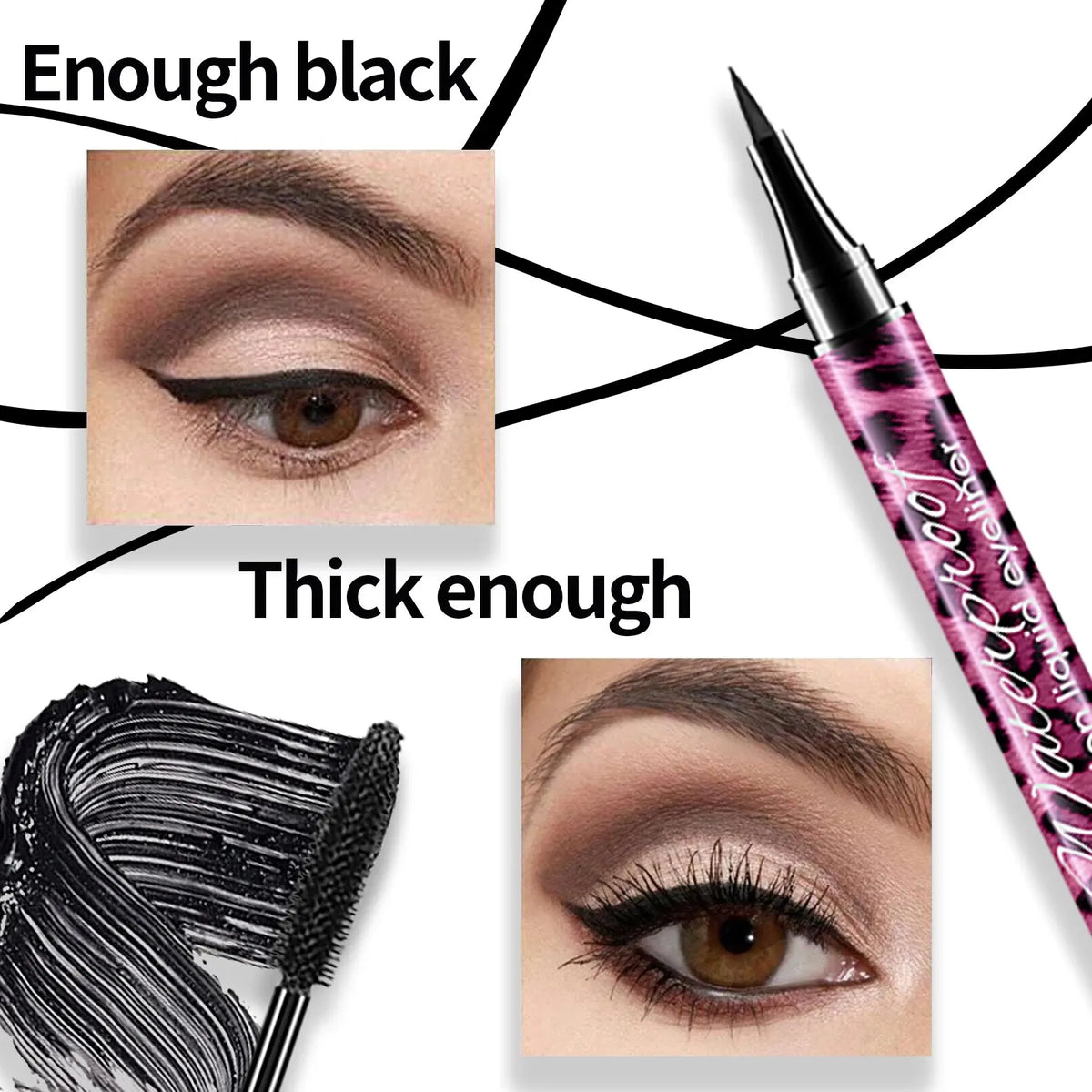 Eyeliner and Mascara Set by YANQINA with Eyebrow Pencil, Liquid Eye Liner and Volumizing Curl-Look Mascara for Everyday and Evening Makeup