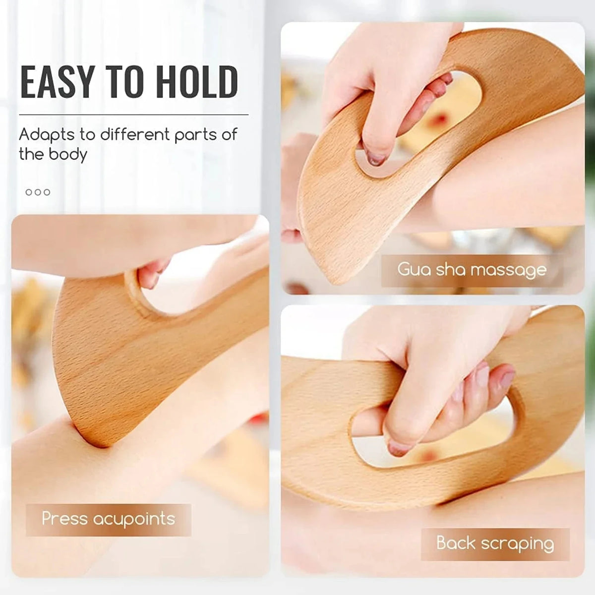Wooden Body Massage Tool for Adults, Manual Gua Sha-Style Scraper in Wood Color for Back Massage and Gentle At-Home Personal Care Routines