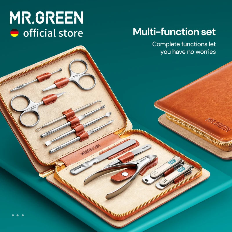 Stainless Steel Manicure Kit MR.GREEN Mr-6012 with Listed 12-in-1 Design and Portable Leather Case for Adult Nail Care, Pedicure and Travel Organization