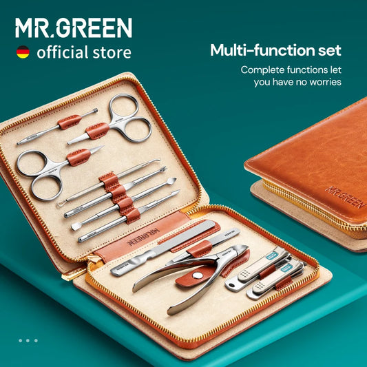 Stainless Steel Manicure Kit MR.GREEN Mr-6012 with Listed 12-in-1 Design and Portable Leather Case for Adult Nail Care, Pedicure and Travel Organization