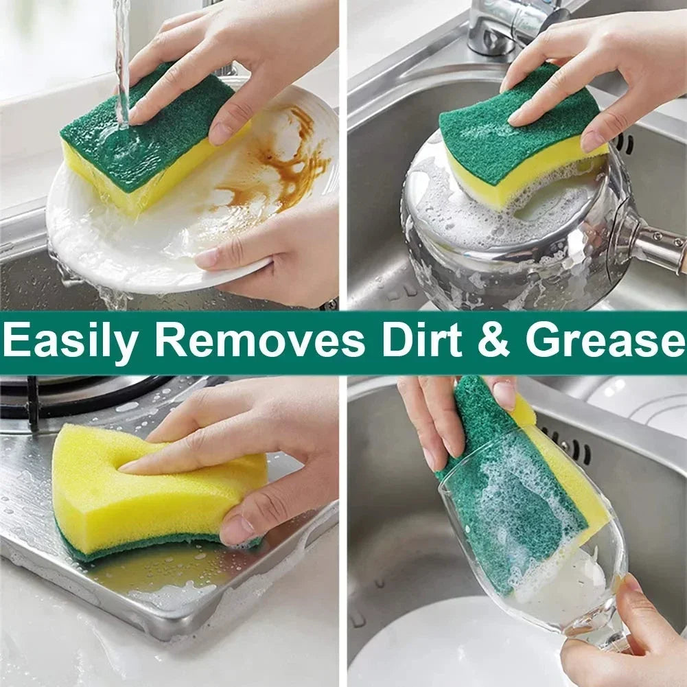 Yellow and Green Dish Sponges with Fiber Scouring Pads, Double-Sided Kitchen Cleaning Sponges in 10, 30 or 50-Piece Packs for Compatible Tableware and Pots
