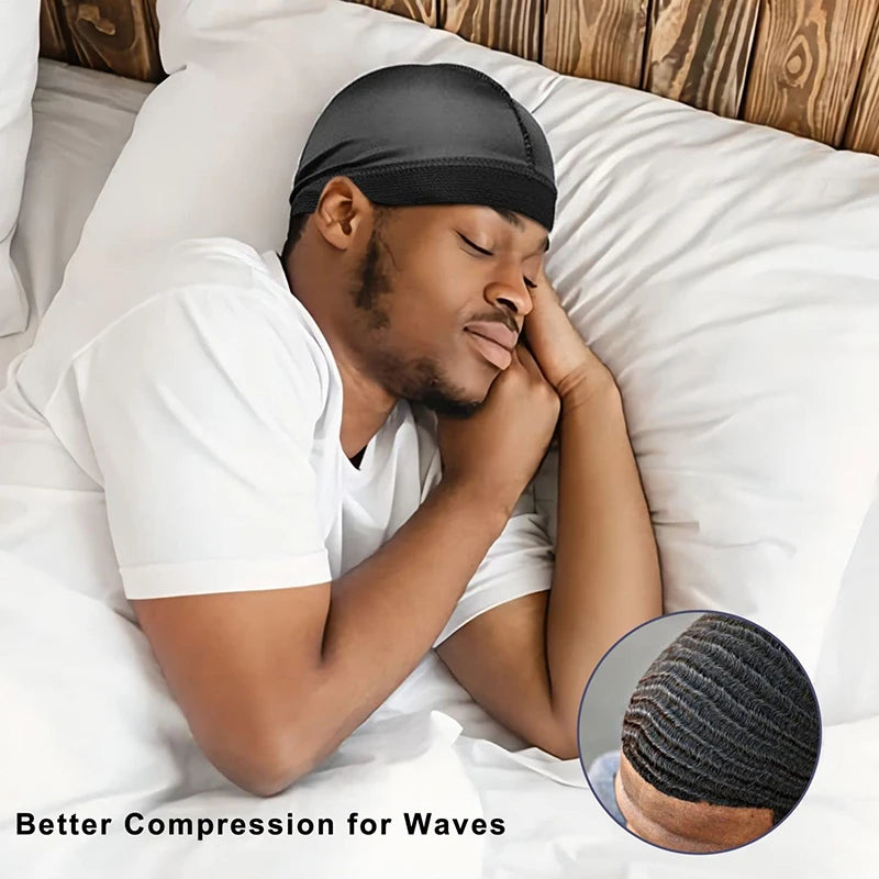 Long Tail Durag with Satin Bonnet and Dome Cap References, Polyester Adult One-Size Headwear in Seven Colors with Three-Piece Lot Wording for Unisex Styling