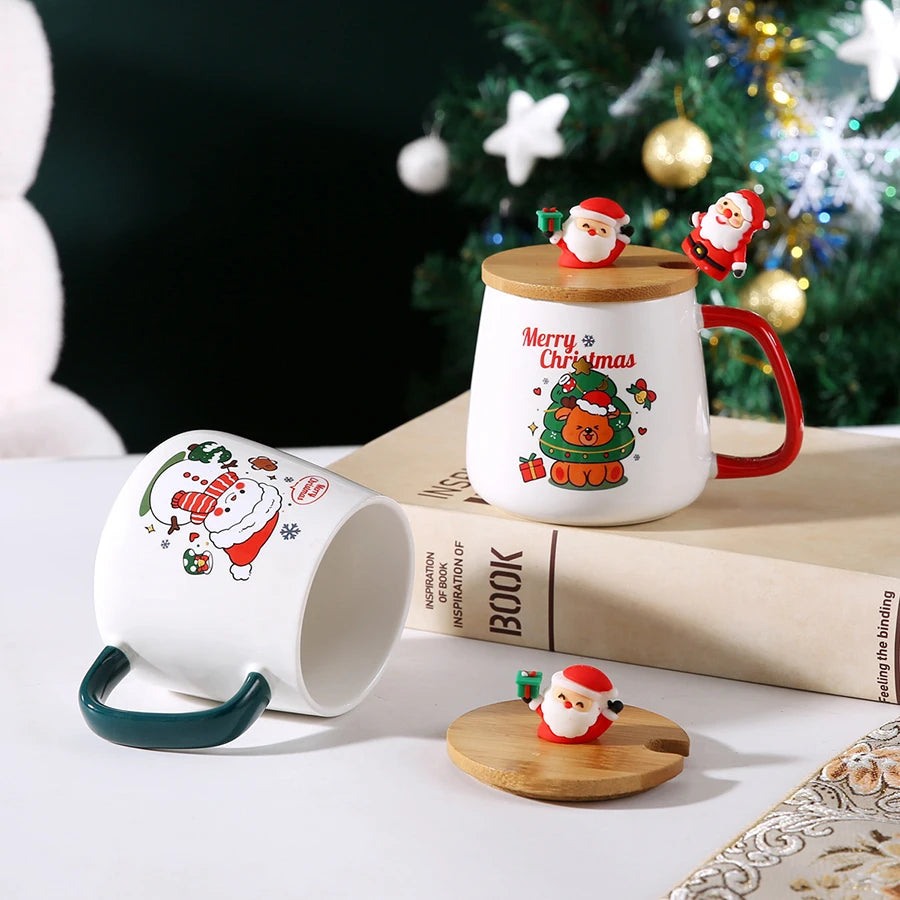 Christmas Ceramic Coffee Mug with Lid, Spoon and Gift Box, 400ml Holiday Cup in Santa Claus, Snowman, Christmas Gift or Christmas Deer Designs