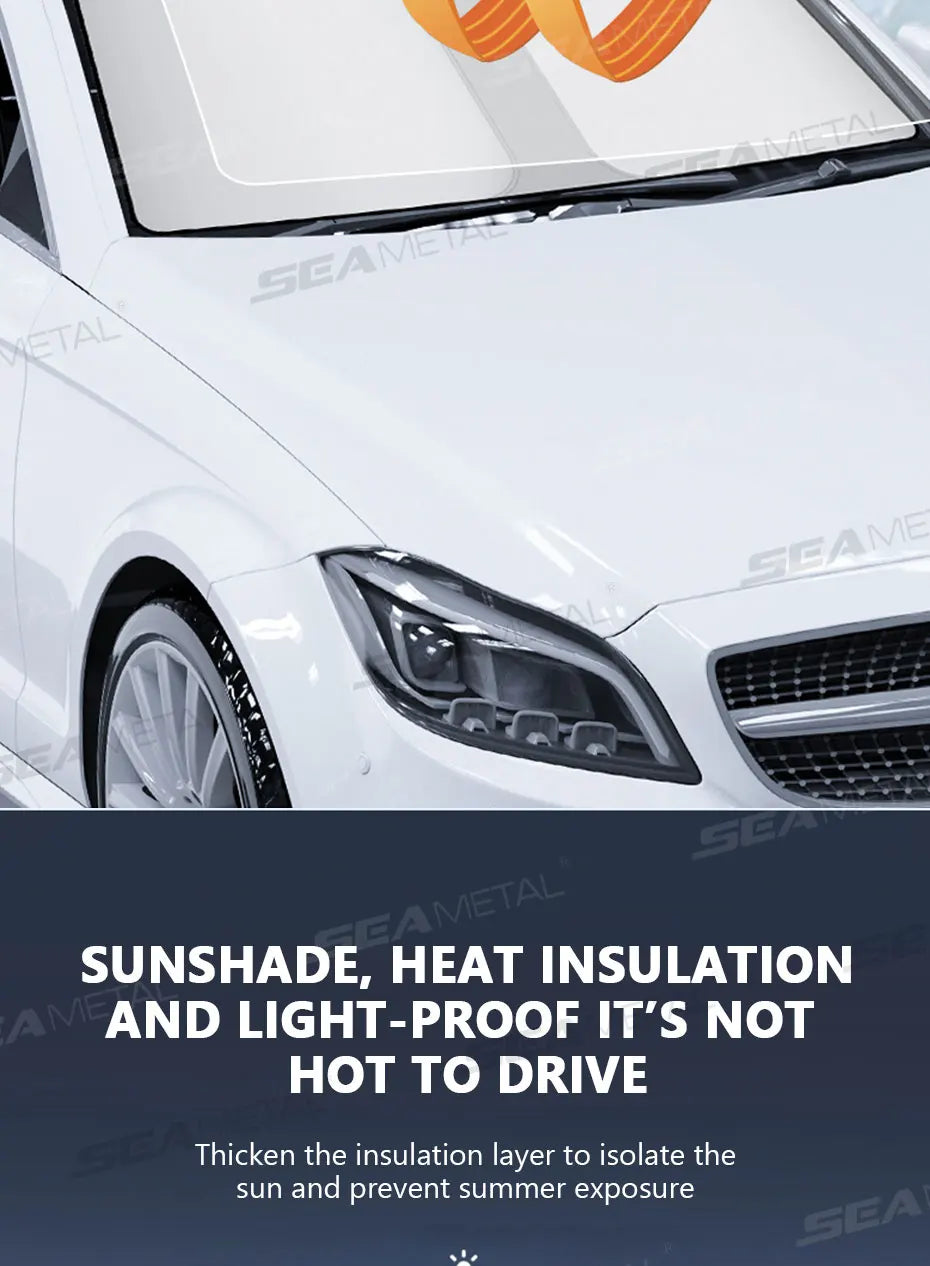 SEAMETAL Foldable Windshield Sun Shade in Silver with Reflective Material, Mirror Cutout and Wire Support, Small or Large Options for Parked Cars