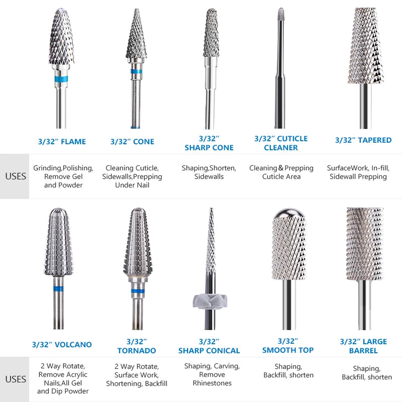 Rotary Nail Drill Bit for Electric Manicure and Pedicure Tools, Single-Piece Milling Burr with Numbered Tungsten and Ceramic Options