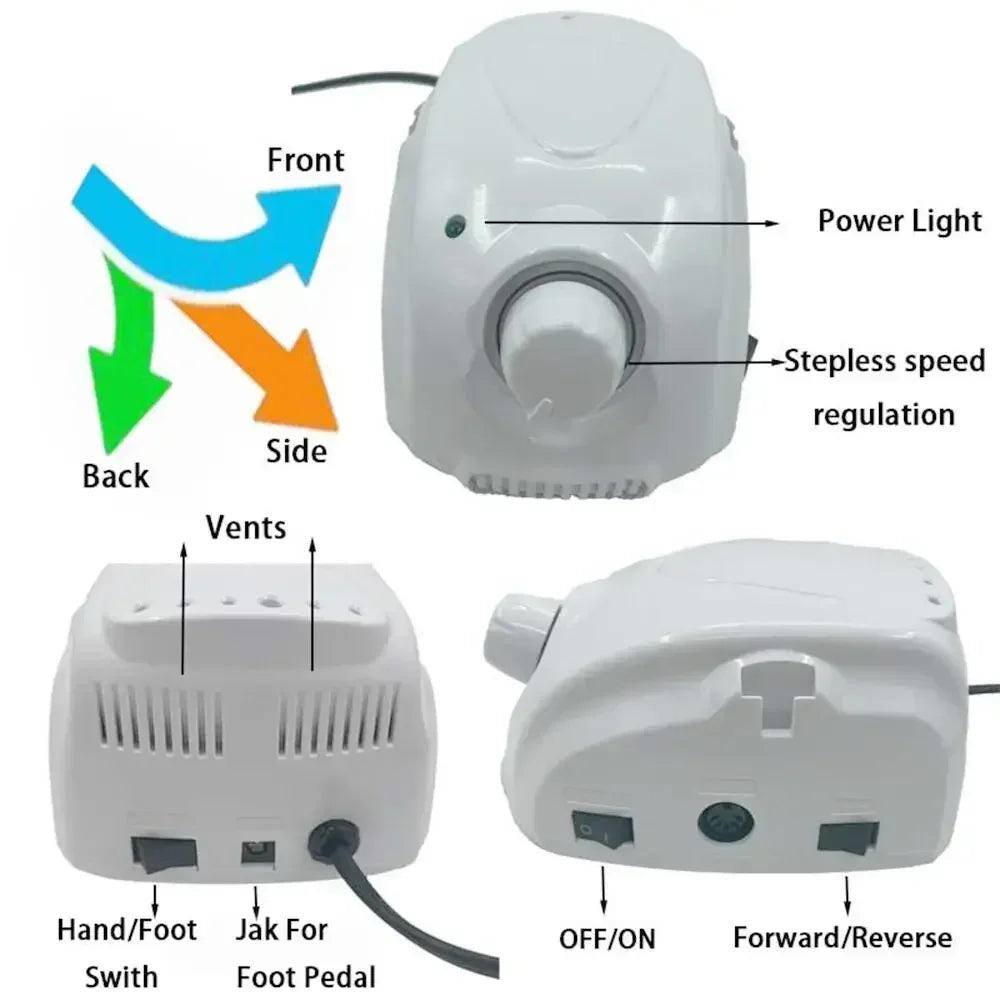 Manicure Micromotor Drill in BT Marathon Style Options with US or EU Plugs, Listed 65W Power, 35,000 RPM and H200 Handle References for Adult Nail Work