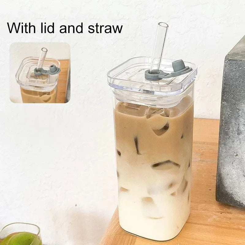 400ml Glass Coffee Cup with Listed Lid and Straw, Transparent Borosilicate Drinkware for Iced Coffee, Milk Tea and Juice with Square Cup and Bamboo Lid Options