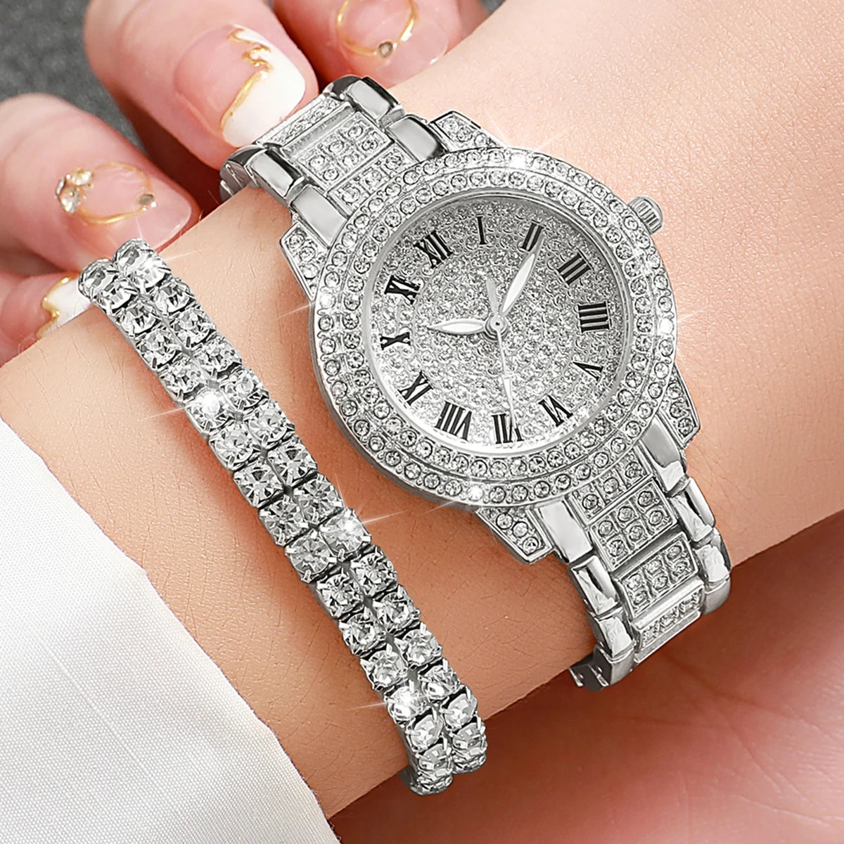 Women's Quartz Watch and Bracelet Set, Two-Piece Analog Fashion Accessories with 32mm Case in Gold, Silver or Rose Gold Tone Options, No Watch Box Included