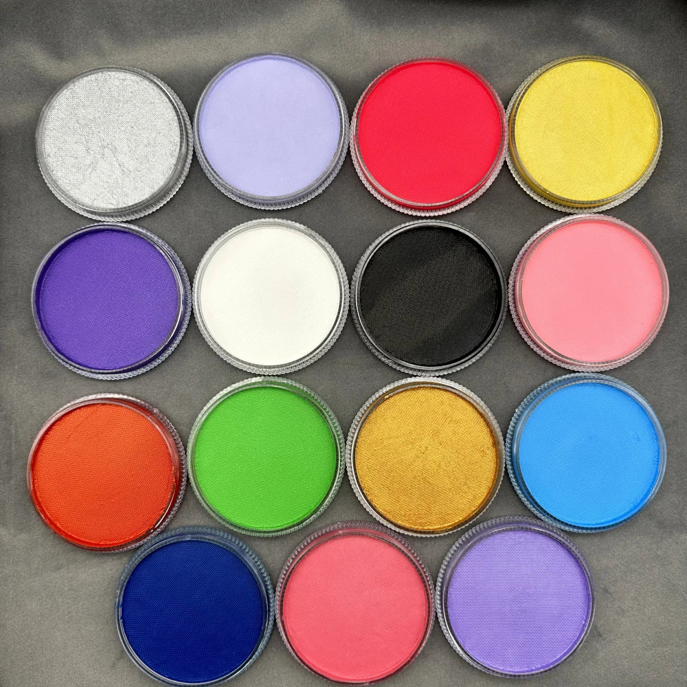 Water Based Face and Body Paint with Listed 30g Color Options, Matte Shades, Pearl White and UV Pink Labels for Stage Makeup, Cosplay and Costume Looks