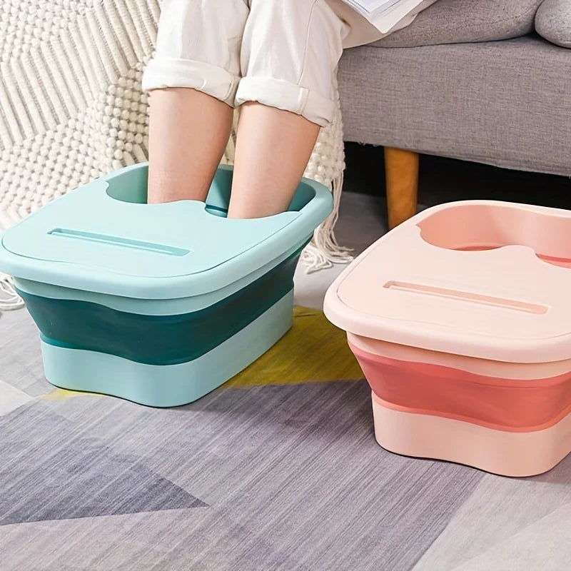 Collapsible Foot Bath Bucket in Green with Raised Circular Massage Dots and Listed Lid, Foldable Soaking Basin in No-Plug Option for Home Foot-Care Routines