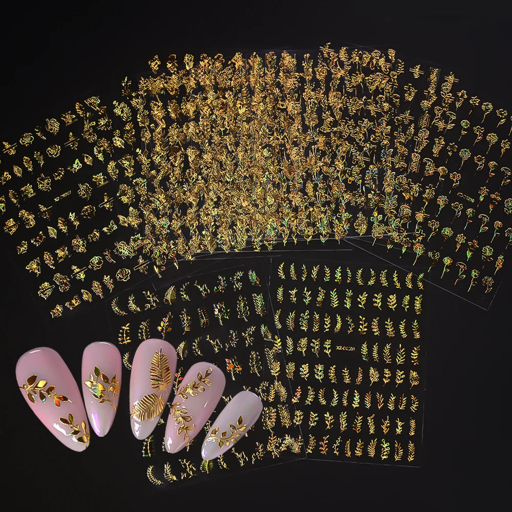 Gold Leaf Nail Stickers, 12-Piece Metallic 3D Floral Self-Adhesive Nail Art Decal Set for Botanical DIY Manicures, Party Styling and Salon Decoration