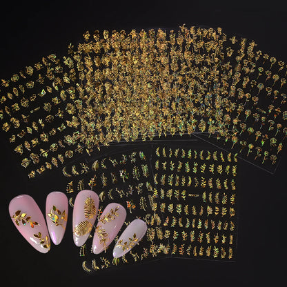 Gold Leaf Nail Stickers, 12-Piece Metallic 3D Floral Self-Adhesive Nail Art Decal Set for Botanical DIY Manicures, Party Styling and Salon Decoration