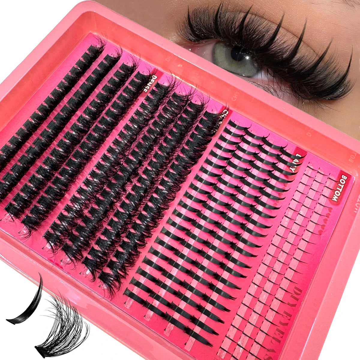 Spiky Manga Lash Clusters with Bottom Lash References, Individual False Eyelashes in 15-Row and 16-Row Style Selections with D or dd Curl and MIX Length Labels