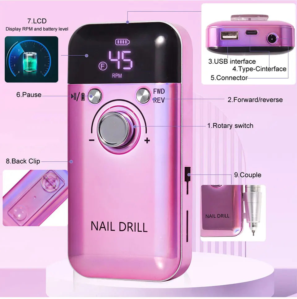 Rechargeable Portable Nail Drill with Listed 45,000 RPM Speed and Type-C Option, White, Pink or Purple Device and Kit Selections for Manicure Work