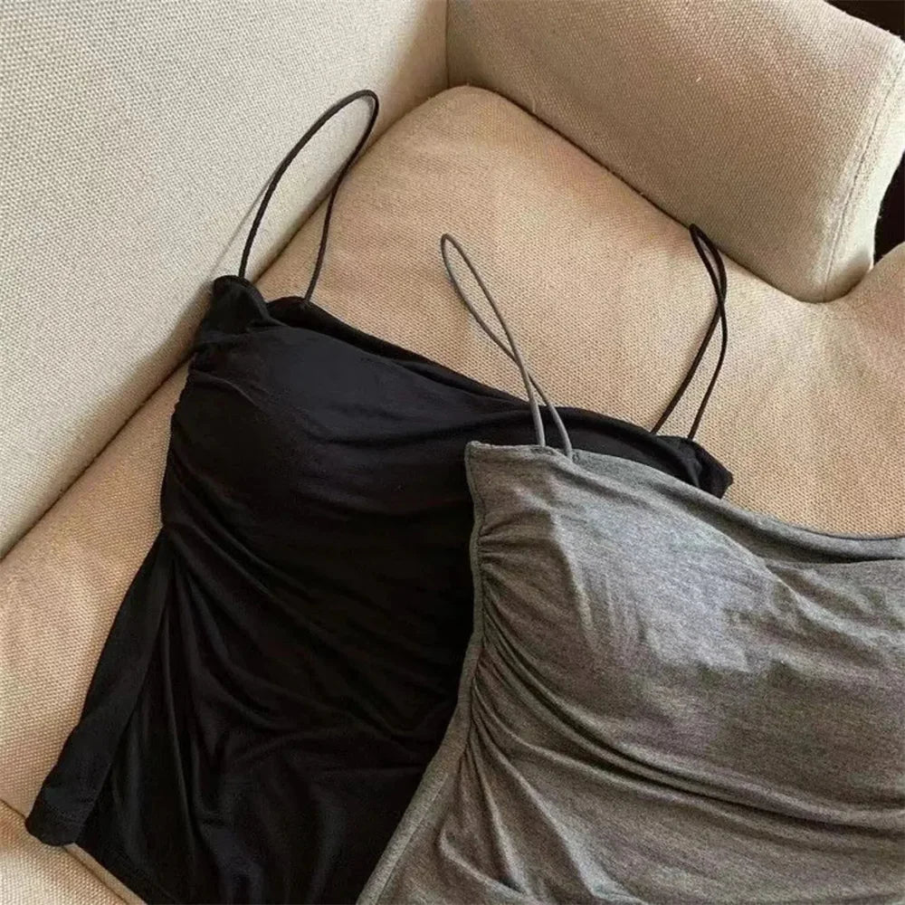 Women's Fixed Pad Crop Top with Thin Straps, Sleeveless Polyester Casual Tank in Red, Black, White or Grey, One Size for Layering and Going-Out Outfits