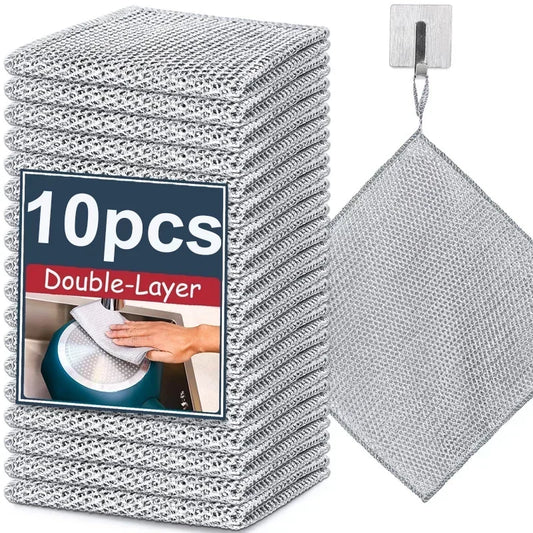 Wire Dishwashing Cloths in Single or Double Layer Styles, Reusable Kitchen Scrubbing Rags in 2, 5 or 10 Piece Packs for Compatible Pots and Cooktops