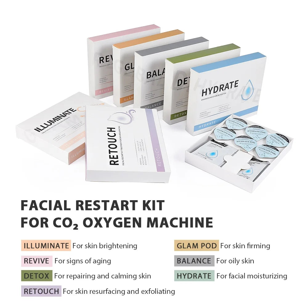 Glam Facial Pod and Capsule Gel Options for Compatible Aqua Bubble Devices, Seven Numbered Type Selections and a Separate Facial CO2 Machine Option