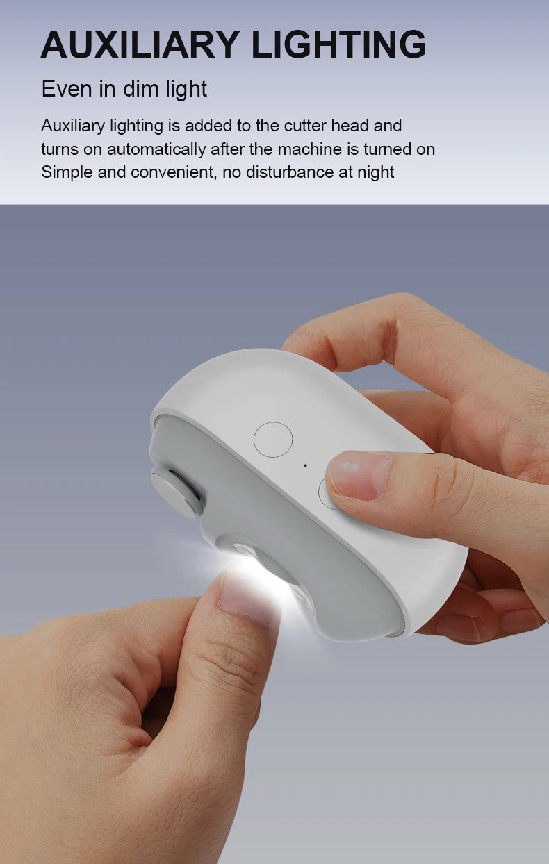 Mini Electric Nail Clipper with Rechargeable Type-C Charging, Automatic Sensing Light, Debris Compartment and Flat or Pointed Polishers for Home Nail Care