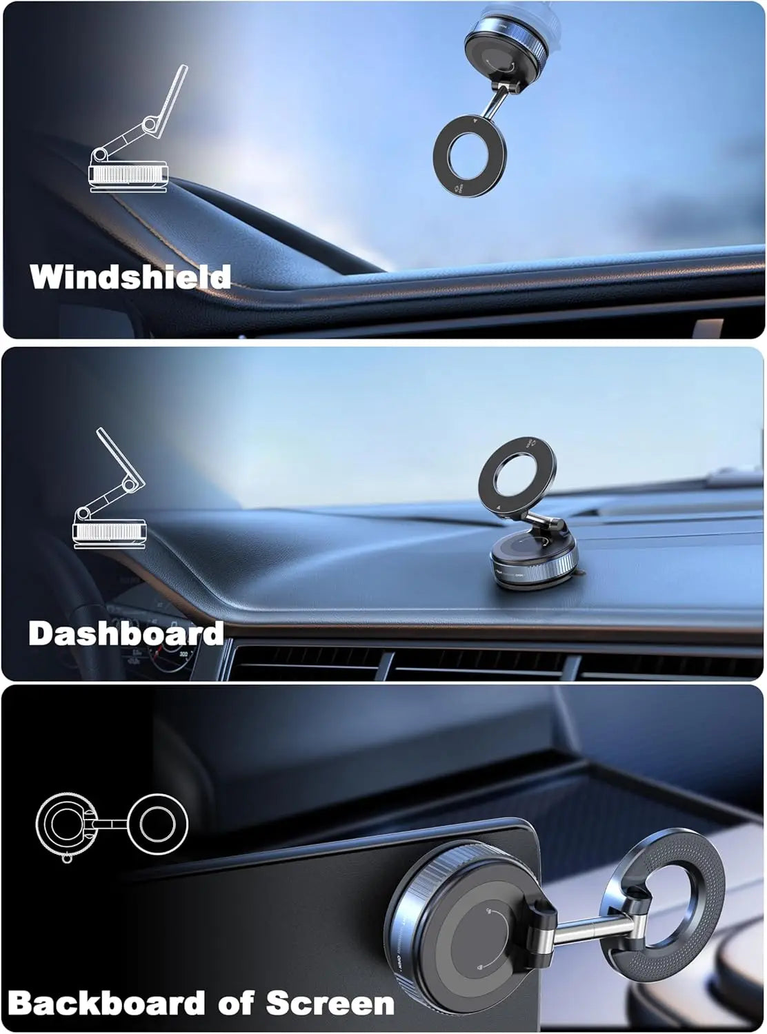 Folding Magnetic Phone Holder, 360° Rotating Vacuum Suction Mount in Black or White for Compatible Car Dashboards, Windshields and Desktop Phone Positioning