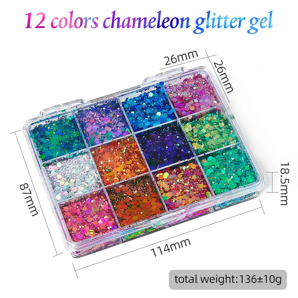 Glitter Gel Makeup Palette Options for Face and Body Art, Twelve Coded Selections with Sequin and Holographic References for Festival, Carnival and Stage Looks