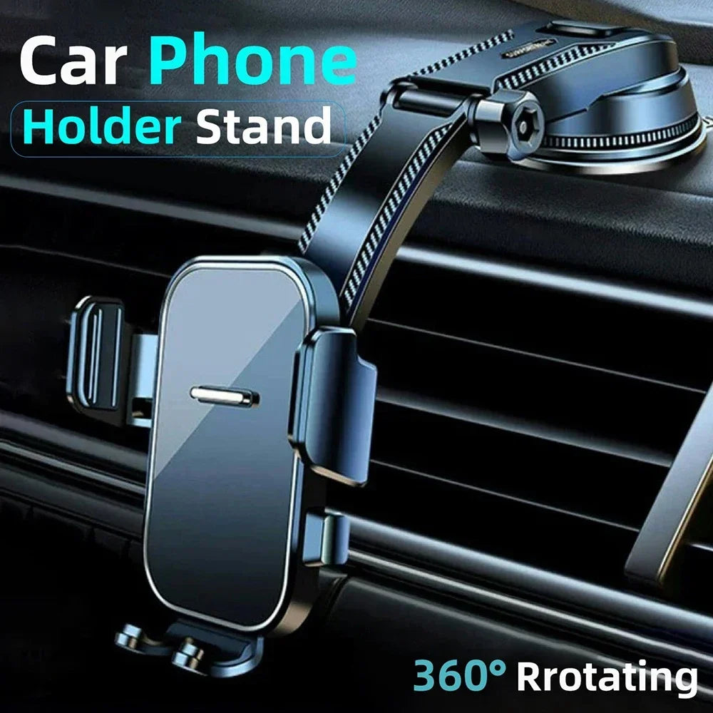 Car Phone Holder with Gravity Clamping Arms, Extension Rod and Suction Cup Base, Rotating Dashboard or Windshield Mount in Mirrored or Textured Options