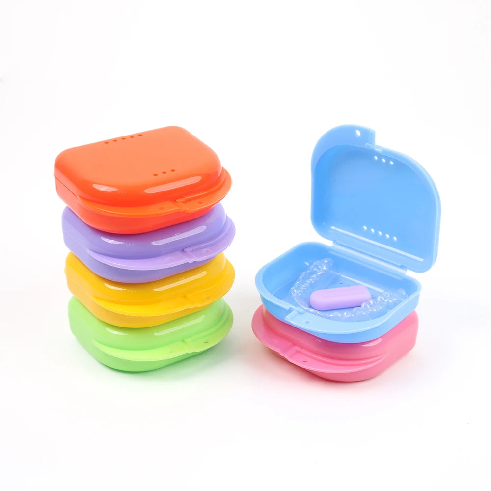 Hinged Retainer Storage Boxes, 50-Pack Vented Polypropylene Cases with Snap Closure for Compatible Mouth Guards and Dentures, Seven Colors or Random Mixed Pack