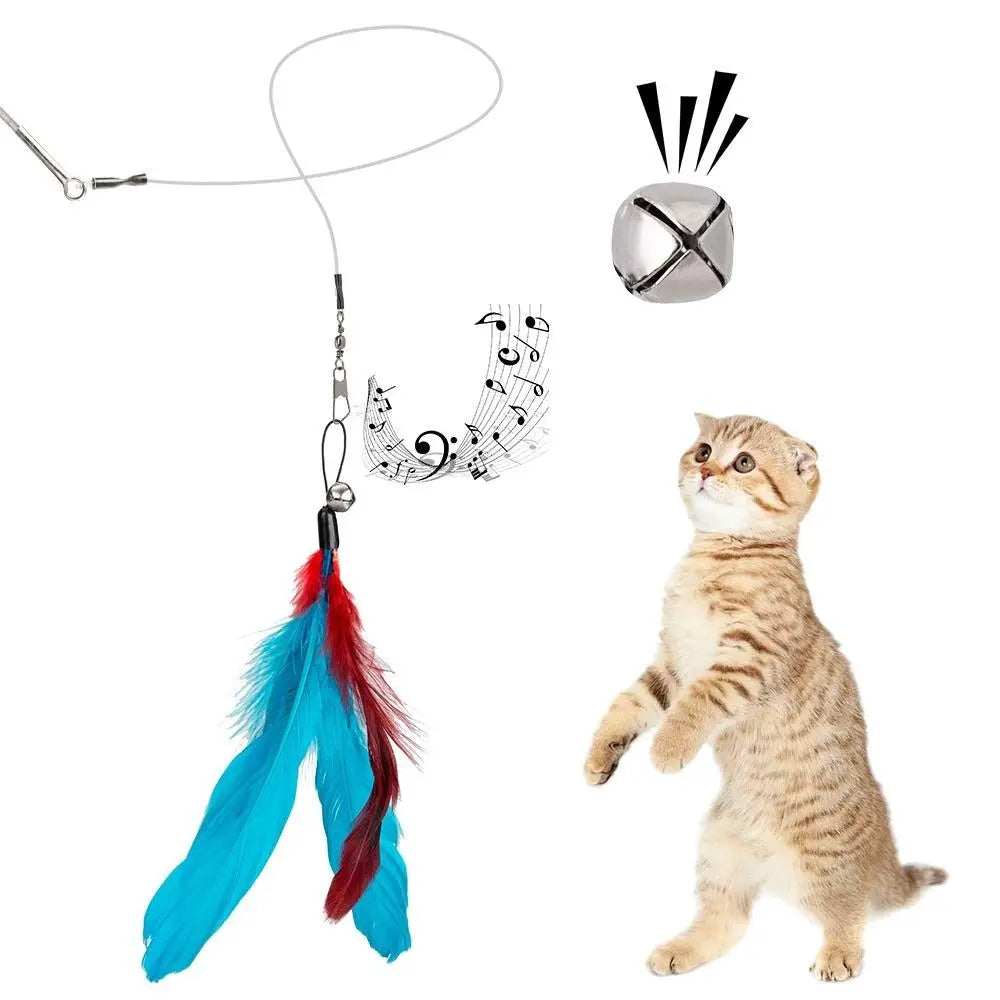 Retractable Cat Wand with Feather and Bell Teaser, Listed 37–97 cm Extendable Rod and 12-Piece Set Option for Supervised Indoor Chase and Batting Play