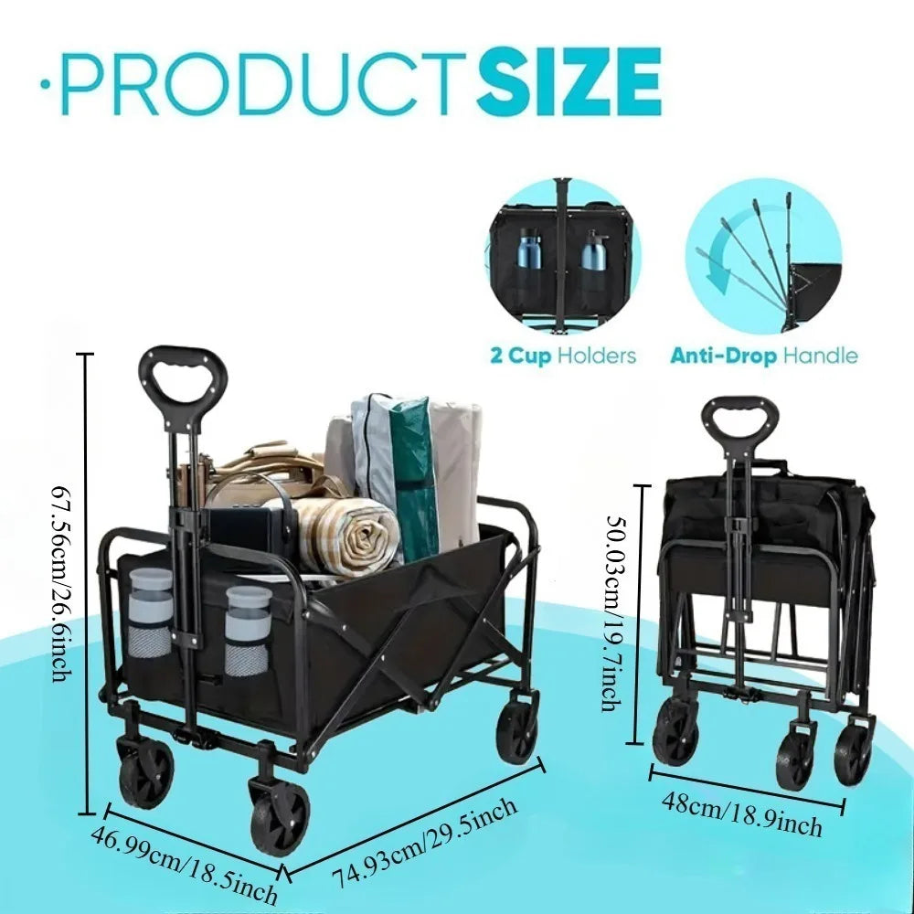 Folding Wagon Cart with Side Pockets and Listed 360-Degree All-Terrain Wheels, Black Collapsible Utility Carrier in Three Load-Labeled Options for Camping Gear