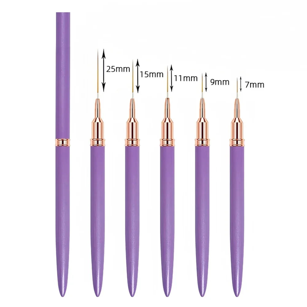 Nail Striping Brush Set, 5 Nail Art Liner Brushes in 7, 9, 11, 15 and 25mm Sizes for Fine Lines, Delicate Patterns and DIY or Salon Manicures
