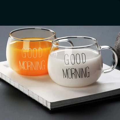 Letter Printed Glass Mug with Handle, Single 350ml Coffee and Tea Cup in Black Label or White Label Options for Breakfast Milk and Home Drinkware