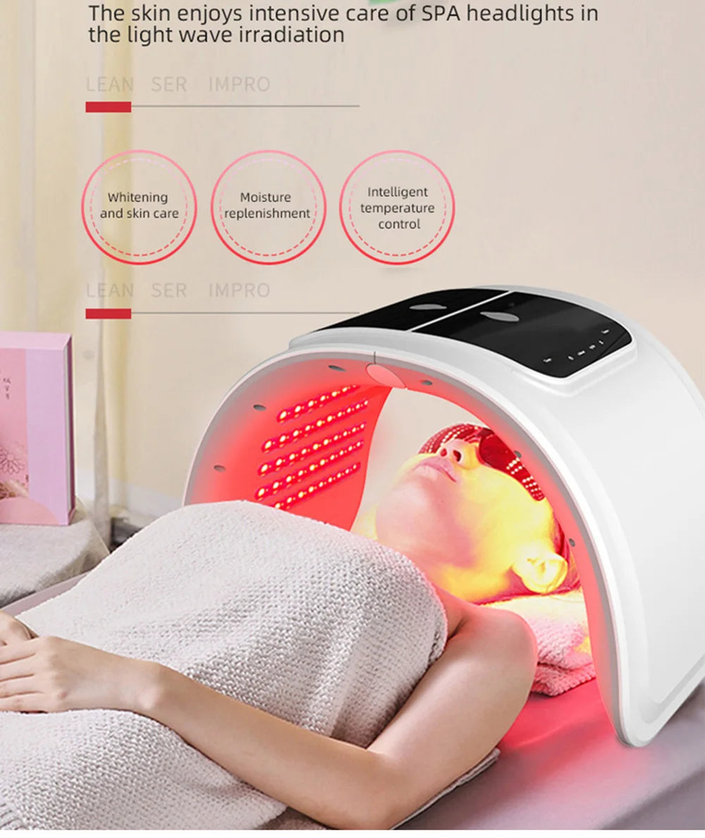 Facial LED Beauty Machine with Seven Listed Light Colors and Spray Option, 10W DC 12V Device with Adapter and Eyeshade References for At-Home Beauty Routines