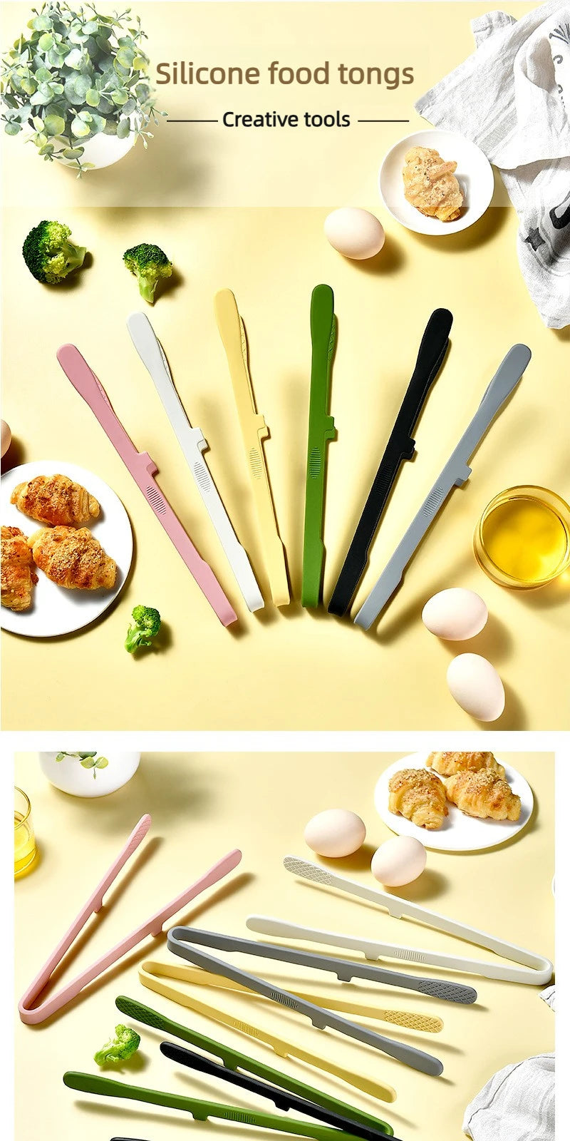 Silicone Kitchen Tongs with Wide-Tooth Grip and Extended Handle, Listed 26.5cm Serving Clip for Bread, Toast, Salad and Noodles with Color or 6PCS Options