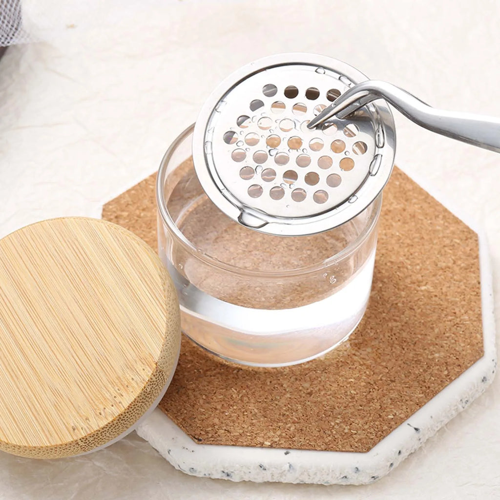Nail Brush Cleaning Cup with Stainless Steel Mesh Base, Glass Manicure Tool Container for Brush Washing and Compatible Nail Drill Bit Cleaning