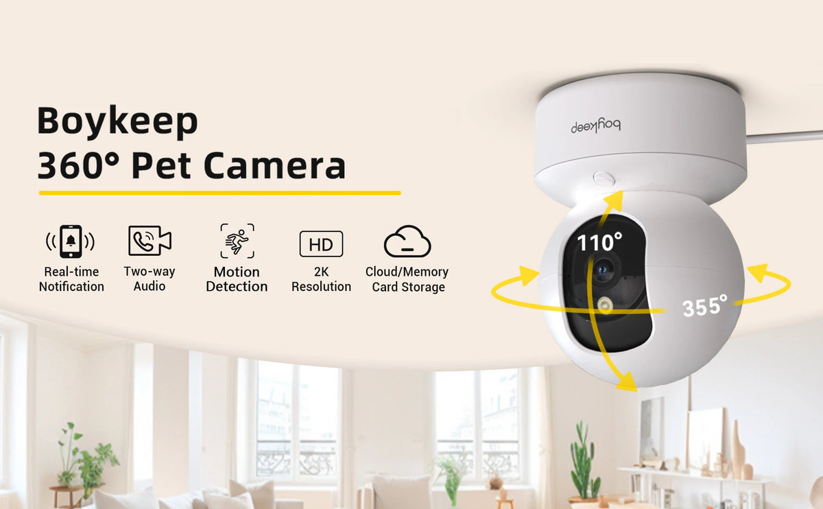 Indoor WiFi Security Camera by BoyKeep, Listed 2K Video with Dual-Band WiFi, 360-Degree PTZ, Infrared Night Vision and Two-Way Audio, USB Selection