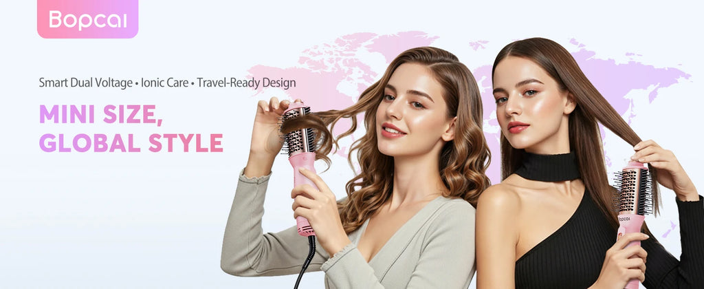 Dual Voltage Travel Hair Dryer Brush, Pink 4-in-1 Compact Hot Air Styler with Listed 100–240V Operation, Three Heat and Airflow Modes and US, EU or UK Plug Choices