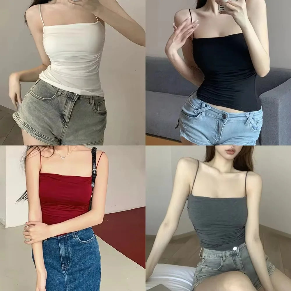Women's Fixed Pad Crop Top with Thin Straps, Sleeveless Polyester Casual Tank in Red, Black, White or Grey, One Size for Layering and Going-Out Outfits