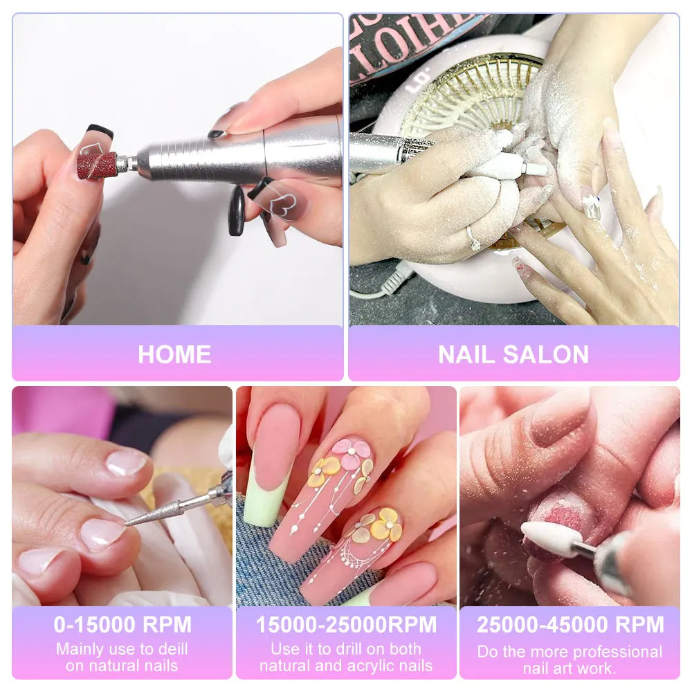 Rechargeable Portable Nail Drill with Listed 45,000 RPM Speed and Type-C Option, White, Pink or Purple Device and Kit Selections for Manicure Work