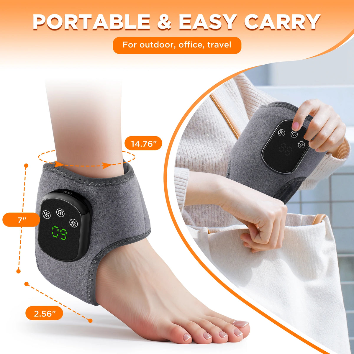 Cordless Heated Wrist or Ankle Massager with Five Heat Settings, Three Vibration Modes and 30-Minute Timer, Gray Type-C Rechargeable Single-Piece Wrap